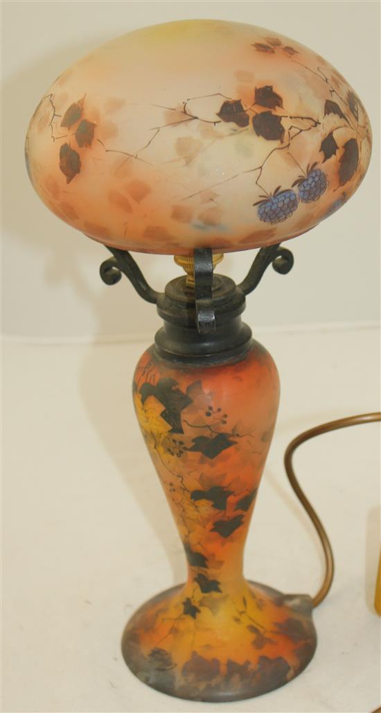 A Peynaud enamelled glass lamp base and shade, early 20th century, total height 33cm
